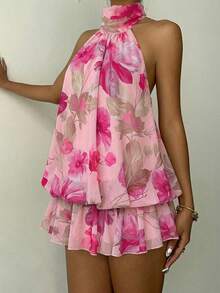 Aloruh Women's Elegant Light Yellow Halter Neck Tie Mini Dress - Pink - View 5