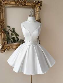 Lovelzi Elegant White Summer Satin Slip Dress,Formal V-Neck Sheer Back Bowknot Adjustable Straps A-Line Skirt,Perfect For Grad,Wedding,Parties,Bridal Gifts - White - View 1