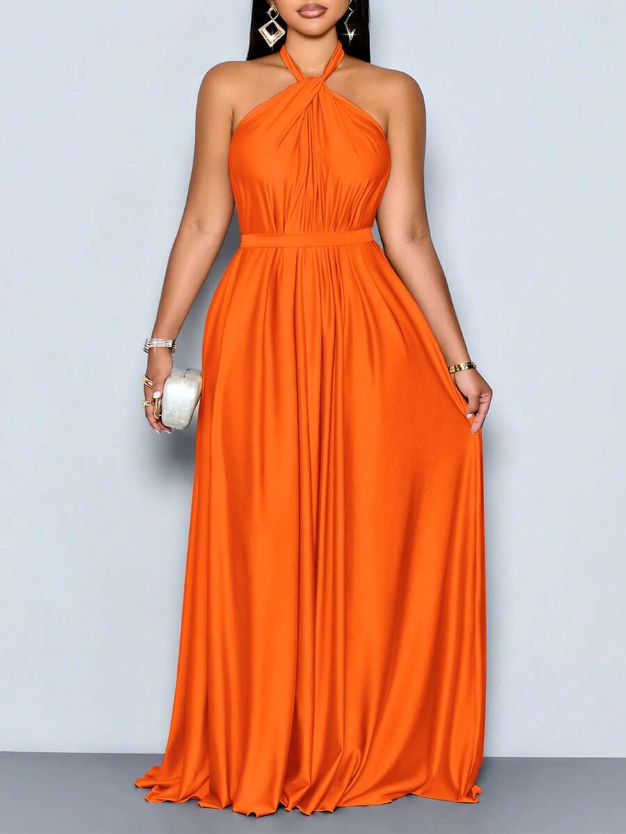 SOLERSUN Women's Elegant Apricot Satin Ruched Halter With Belt Maxi Dress,Ruched Flowy Backless Evening Gown For Formal Party Prom Wedding Guest - Orange - View 1
