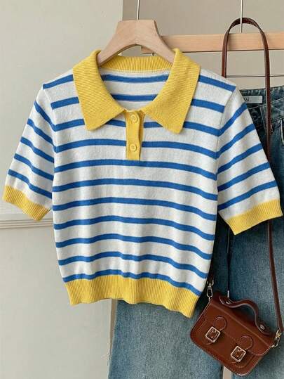 SHEIN EZwear Áo thun tay ngắn cổ polo kiểu dáng tối giản, thoải mái, phối màu tương phản, phù hợp cho mùa xuân và mùa hè.