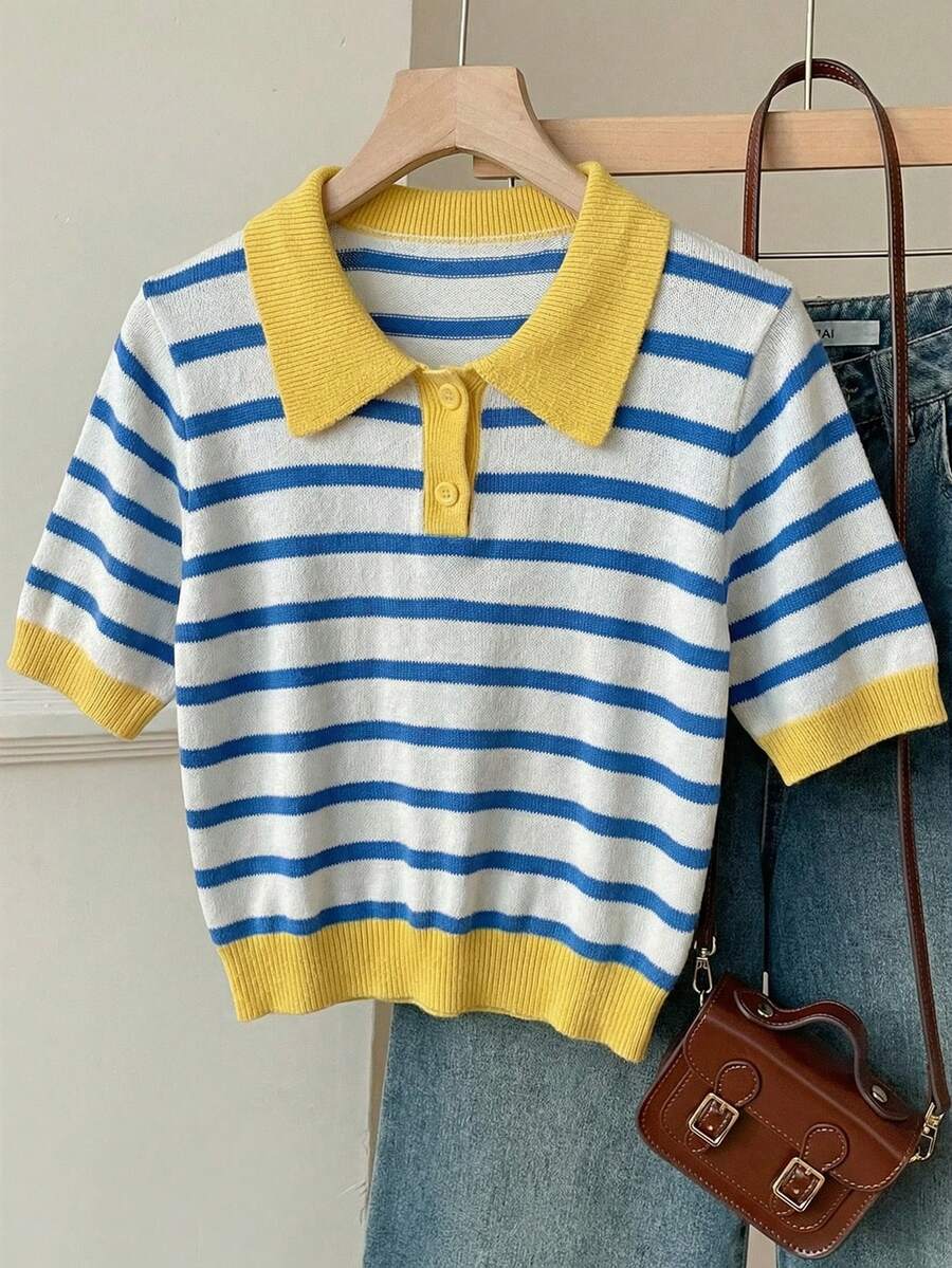 SHEIN EZwear 休闲简约学院风条纹撞色可爱Polo领短袖针织上衣，适合春夏穿着 - 彩色 - 查看 1
