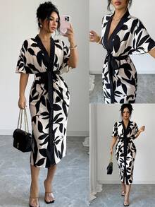 SHEIN PETITE New Autumn & Summer Casual Elegant Fashion Party Vacation Outing Leaf Print Batwing Shoulder Sleeve Waist Tie Slimming V-Neck Half-Sleeve Women's Midi Dress Elegant Dresses For Women Vacation Outfits Women Vacation Dress Casual Dresses For Women Casual Long Dress Summer Dresses Elegant Party Dresses - Black and White - View 1