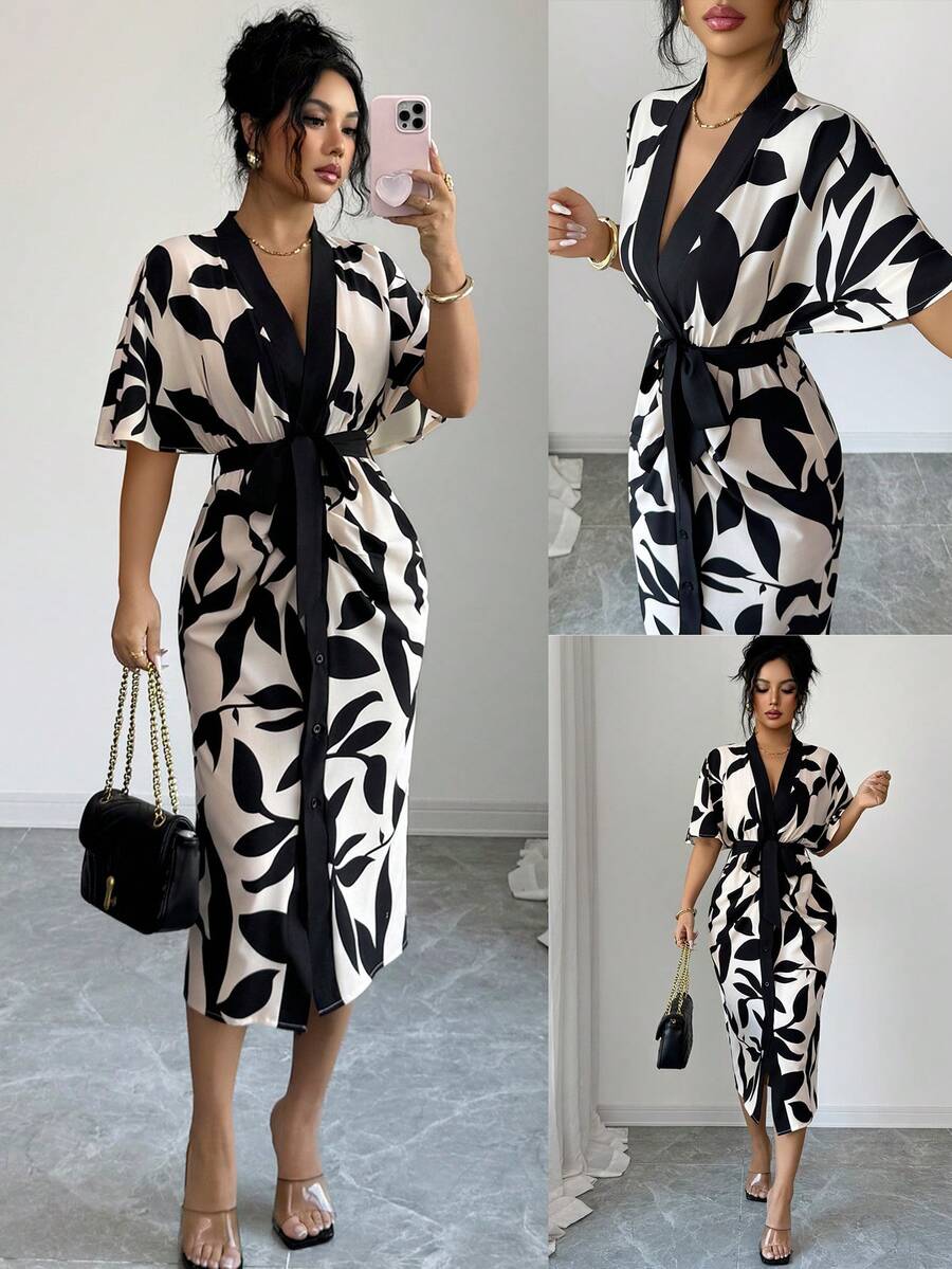 SHEIN PETITE New Autumn & Summer Casual Elegant Fashion Party Vacation Outing Leaf Print Batwing Shoulder Sleeve Waist Tie Slimming V-Neck Half-Sleeve Women's Midi Dress Elegant Dresses For Women Vacation Outfits Women Vacation Dress Casual Dresses For Women Casual Long Dress Summer Dresses Elegant Party Dresses - Black and White - View 1