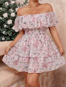 Sunnyshic Vestido de pastel con volantes y estampado floral romántico de hombros descubiertos - Rosa - Ver 7