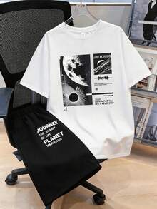 SHEIN 青少年男孩白色夏季街頭生活休閒圖案街頭時尚Y2K太空人運動風拼色短袖上衣與長褲兩件套 - 彩色 - 查看 9