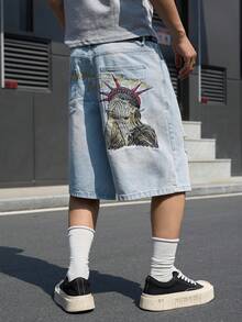 Manfinity EMRG Pantalones cortos de mezclilla azul desgastados con estampado, estilo casual de calle para hombres - Lavado ligero - Ver 7