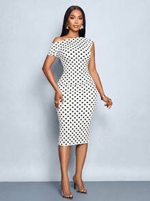 SOLERSUN Women's Fashionable Dress, Off Shoulder Fitted Dress, Asymmetrical Pleats, Polka Dot Pattern, Suitable For Everyday Wear. - Multicolor - View 3