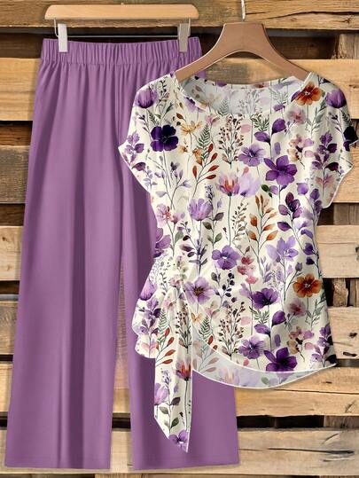 Rusticease 2 Peças Conjunto Casual Feminino de Camisa com Estampa Floral Boêmia e Calça Lilás Claro - Conjunto Elegante Romântico Retrô para Primavera/Verão, Praia, Resort, Perfeito para Férias, Casamento em Ilha Tropical, Festa de Dama de Honra, Convidada de Casamento, Chá de Panela, Encontro à Noite, Passeio em Jardim Estilo Country, Presente para o Dia das Mães e Festival de Música Boêmio