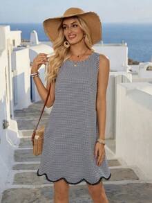 EMERY ROSE 女士度假风格子荷叶边圆领短裙 - 黑與白 - 查看 3