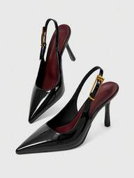 Sleekvia Women's New Thin High-Heel Pointed-Toe Pumps, Mirror PU Material, Metal Rhinestone Buckle, Simple And Elegant Commuter Wear, Back Strap Pointed-Toe Heels Fall Shoes