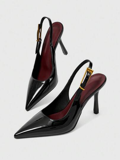 Sleekvia 女性用 新作 細身ハイヒール尖った先端パンプス、ミラーPU素材、メタルラインストーンバックル、シンプルでエレガントなビジネス用、バックストラップ付き尖った先端ヒール