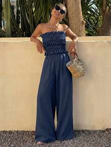 Livesso Navy Blue Summer Boho Beach Vacation Holiday,Women's Spring & Summer Ruffle Patchwork Tube Top & Straight Leg Pants Set,Elegant 2 Pieces Outfit - Navy Blue - View 4