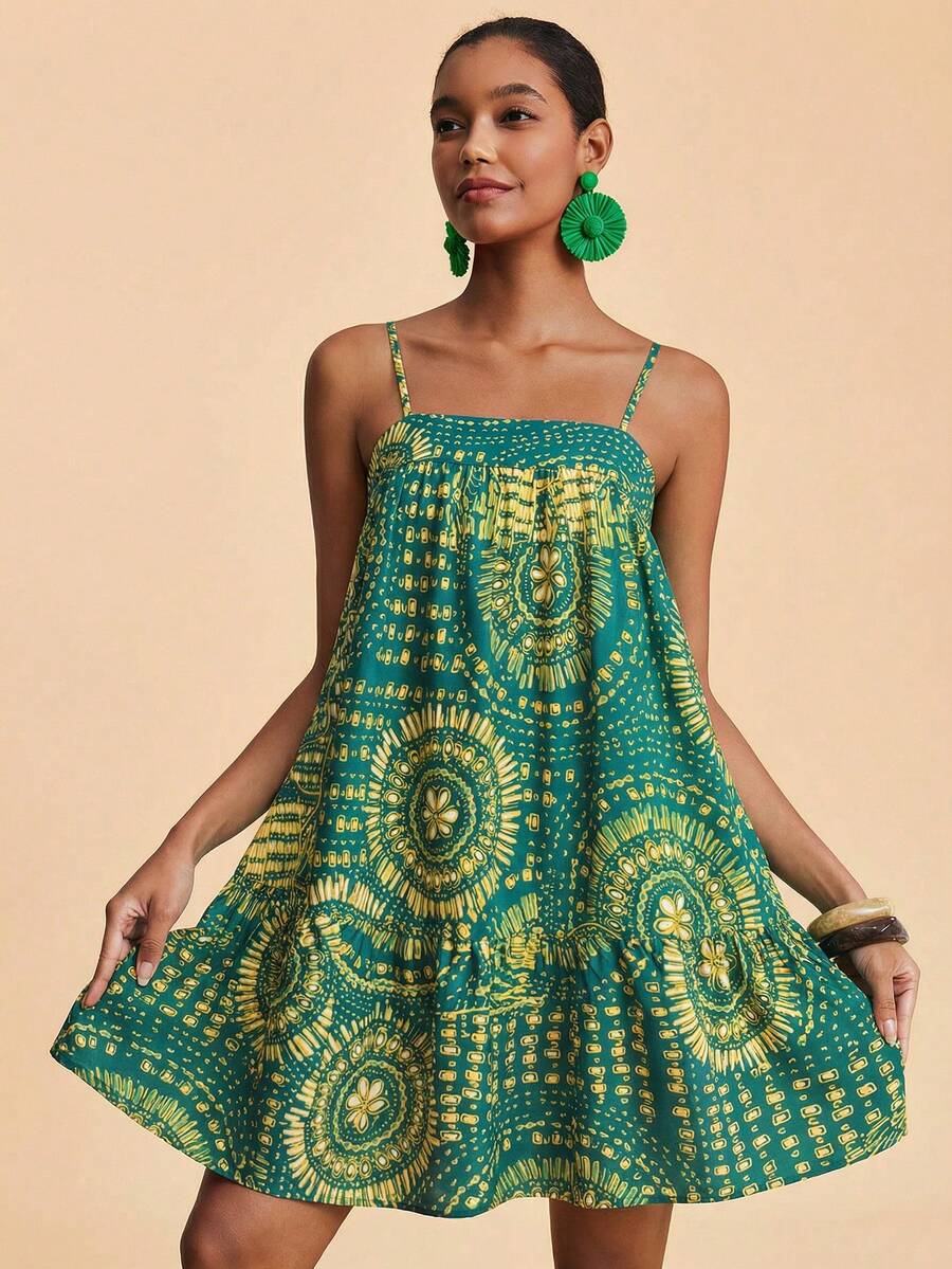 Travachic 女士休闲度假印花吊带迷你连衣裙 - 綠色 - 查看 1