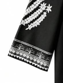 GlowEve 3件套女士V领印花休闲连衣裙，含披肩和纯色长裤 - 黑色 - 查看 3