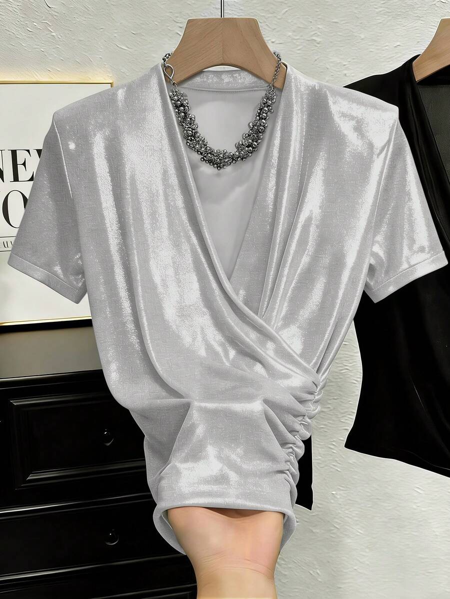 Franclia Fashionable Slim Fit V-Neck Unique Criss-Cross Pleated Short Sleeve T-Shirt Silver T Shirt Satin T Shirt Blouses For Women T Shirt Silk T Shirt Blouse For Women Silver T-Shirt Satin T-Shirt Yk2k Tops Silver Blouse Shimmer Blouse Womens Top - Silver - View 1