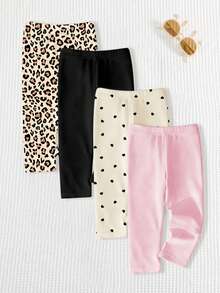 Souflis Souflis 4 Stücke Baby Mädchen einfarbige Leggings/Hosen/Strumpfhosen Set mit elastischem Bund, süßes Leoparden Muster & Herz Design, Frühlings-/Sommer-Outfits, Frühlings-Stimmung, Sommer-Stimmung, Frühlings- & Sommer-Outfits, bequem und stylisch, Mädchen Set für Alltag Outfit, Kinder Blumen Grafik Kleidung, Frühlings- & Sommer-Set, neuer Stil, Entspannung, Frühlings-Stimmung Sommer-Urlaub - Verschiedenfarbig - Übersicht 4