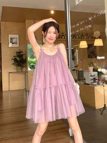 DAZY Áo hai dây lưới xếp ly kiểu Hàn Quốc dành cho nữ. - Màu tím hoa cà - Xem 7