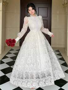 DAZY 春夏闪亮情人节、婚礼、宴会、舞会礼服、时尚派对优雅收腰高领蕾丝纹理连衣裙，搭配蓬松裙摆和长袖 - 象牙白色 - 查看 3