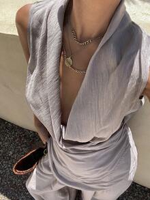 Livesso 灰色夏季優雅度假風女款兩件套，斜襟繫腰背心上衣與直筒休閒寬腿褲家居套裝，薄款 - 淺灰紫 - 查看 2