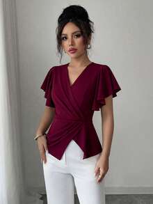 Elenzga Vestido elegante y romántico de mujer con cuello en V y cintura fruncida - Burdeos - Ver 4