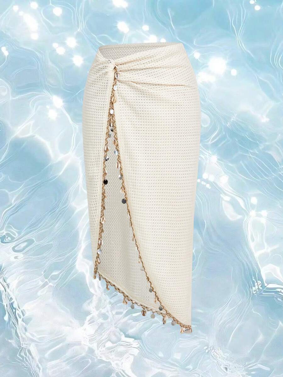 ROMWE Y2K Vacation Retro Style Shell Decor Twist Asymmetric Hem Wrap Women Skirt - Apricot - View 1
