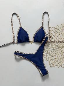 Swim Vcay 2件套女士夏季随机印花挂脖细肩带金属装饰性感比基尼套装，女士比基尼套装，塑形泳衣比基尼，设计款2件套豹纹比基尼，Zweva泳装比基尼套装，女士泳装比基尼套装，蓝色比基尼，豹纹饰边比基尼，女士泳装2件套聚拢比基尼，女士设计师比基尼 - 藍色 - 查看 2