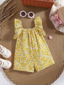 Baby Girl Summer Cute Yellow & White Striped Bow Ruffle Romper,Floral Print,Summer Romper,Summer Outfits For Baby Girls,Summer Ootd,Summer Vibes,Baby Girl Outfit,Baby Girl Clothes Girl,Baby Girl Summer,Comfy,Summer Clothes,Top Summer - Yellow - View 6