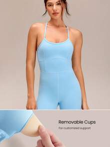 SHEIN GLOWMODE X Marika Sila  6" FeatherFit™ Tummy Control Adjustable Straps Sports Jumpsuit Low Impact Yoga Daily Summer - Blue - View 4