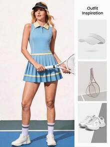 CourtClass 女士网球连衣裙，无袖Polo领褶皱甜美清爽运动连衣裙，浅蓝色撞色褶皱网球裙，高腰显瘦健身连衣裙 - 淺藍色 - 查看 3