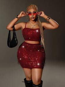 Maweii Conjunto de 2 Peças Regata com Lantejoulas e Franjas & Minissaia Plus Size Feminino, Bordô, Verão, Anos 70, Noite na Balada, Festa, Férias, Look Harlem Nights - Vinho - Visão 6