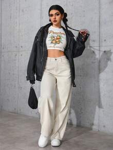 SHEIN PETITE Jeans rectos y sueltos de color liso clásico informal - Albaricoque - Ver 3