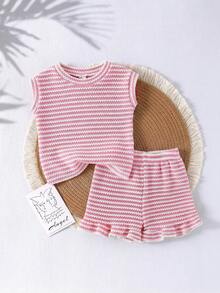 SHEIN Playful Pals 女童（小号）粉色提花针织无袖上衣和短裤套装，夏季休闲简约日常穿搭 - 粉色 - 查看 4
