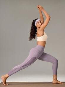 Women Outdoor Black Leggings Solid Color Running Gym Yoga Quick-Dry Tummy Control High Waist Mesh Panel Spors Pants Summer Spring - Dusty Purple - View 6