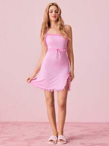 SHEIN 女士撞色蕾丝开衩下摆粉色睡衣睡裙 - 粉色 - 查看 3