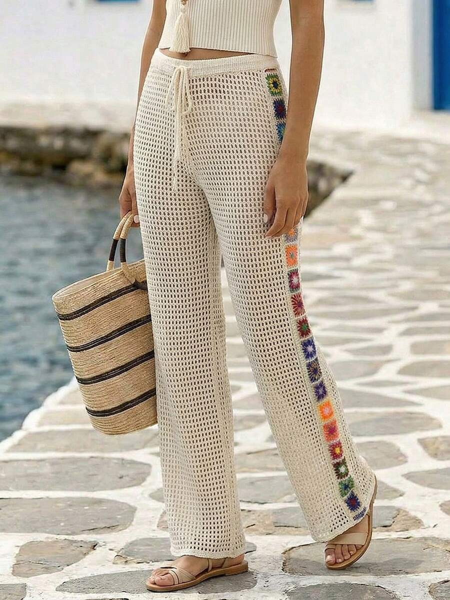 Louniche Quần ống rộng dáng suông, kiểu bohoan rỗng, buộc dây, phong cách boho hiện đại, thích hợp cho kỳ nghỉ hè, dành cho nữ, thích hợp mùa xuân/hè. - Màu be - Xem 1