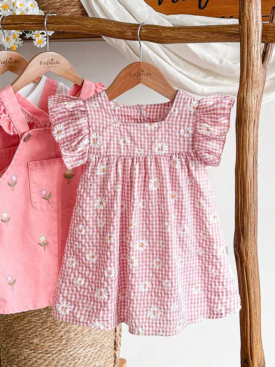 SHEIN Vintaside Kids 女童夏季黄色格子雏菊印花短袖迷你连衣裙,田园风格,清新图案,轻盈廓形,适合户外、休闲和派对穿着 - 彩色 - 查看 1