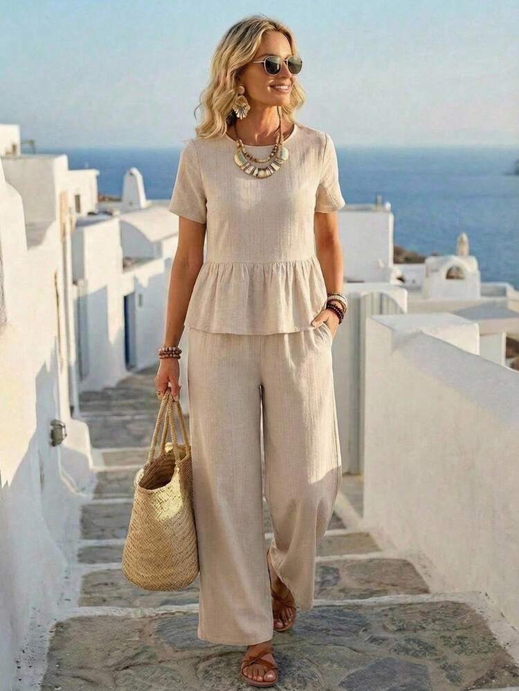 EMERY ROSE Set di camicia e pantaloni casual di colore solido da donna per vacanze - Albicocca - Visualizzare 1