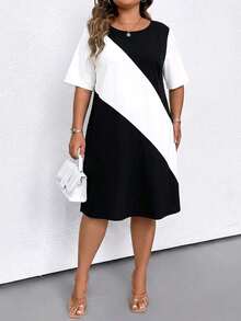 EMERY ROSE Vestido casual de verano de talla grande con bloques de color y parches - Blanco y Negro - Ver 4