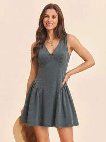 Coeurva Solid Color V-Neck Off-Shoulder Mini Knit Dress For Women, Summer Dresses Sleeveless Ladies Vacation Grey Casual - Dark Wash - View 1