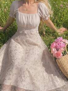 Vintamour Vintage Classic Elegant Floral Print Ruched Embroidered Patchwork Midi Dress, Apricot Color, Spring/Summer French Style Dress Cream Dress - Apricot - View 1