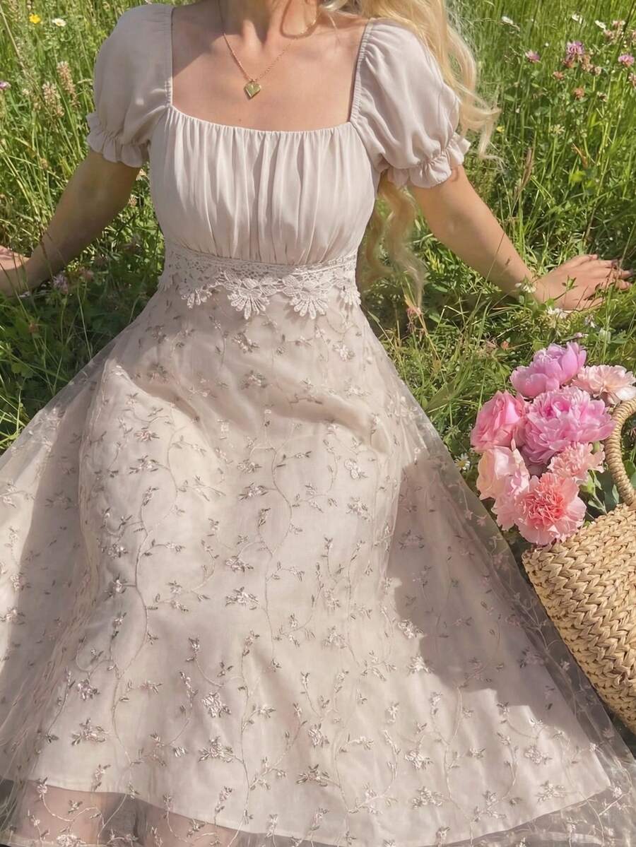 Vintamour Vintage Classic Elegant Floral Print Ruched Embroidered Patchwork Midi Dress, Apricot Color, Spring/Summer French Style Dress Cream Dress - Apricot - View 1