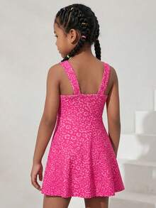 SHEIN 女童针织粉色豹纹吊带紧身连衣裙运动服，紫红色豹纹运动服，高弹舒适面料，修身剪裁，适合跑步、健身、网球、羽毛球等运动 - 玫紅色 - 查看 2