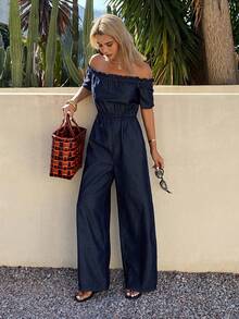 DAZY Bộ jumpsuit denim nữ màu trơn thanh lịch, chất liệu denim bạc màu, kiểu dáng trễ vai, có bèo nhún, thích hợp cho mùa xuân/hè. - Rửa trung bình - Xem 5
