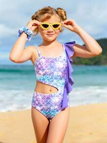 SHEIN Tween Girl Fish Scales Print Ruffle Trim Cut Out One Piece Swimsuit - Multicolor - View 1
