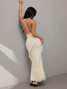 SHEIN PETITE Đầm nữ thanh lịch, gợi cảm, lãng mạn với bèo nhún ở eo, cổ khoét sâu và lưng hở, thích hợp cho hẹn hò, lễ tốt nghiệp, dạ hội, mùa xuân/hè. - Trắng ngà - Xem 2