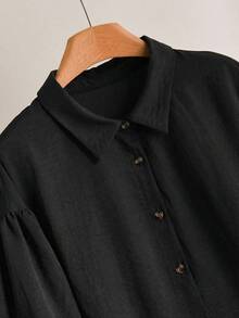 CosyJoli Plus Size Women Embroidered Single-Breasted Ruffle Hem Blouse - Black - View 4