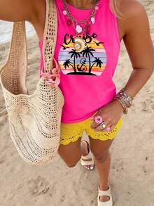 SHEIN LUNE Áo tank top cỡ lớn in hình cây dừa, kiểu dáng thường ngày. - Màu Hồng Tươi - Xem 1