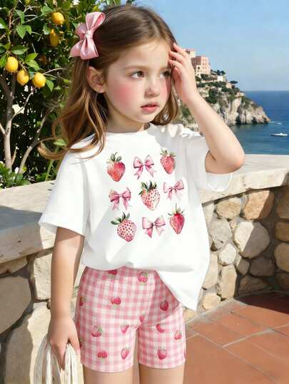 Bộ đồ mùa hè cho bé gái gồm áo thun ngắn tay cổ tròn và quần short kẻ caro hồng trắng, dễ thương, in hình dâu tây và nơ, kiểu dáng đồng quê, phù hợp cho dã ngoại, thường ngày và kỳ nghỉ.