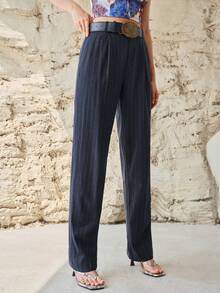 MOTF PREMIUM WOMEN'S LINEN FABRIC BELTED CARROT PANTS, SPRING/SUMMER - Navy Blue - View 7