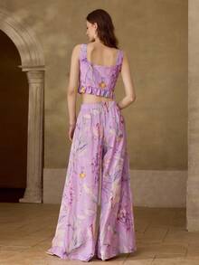 MOTF PREMIUM Bộ đồ nữ 2 món bằng vải lanh in họa tiết, mùa xuân/hè - Màu tím - Xem 3